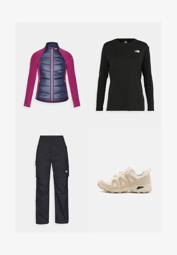 Izolovaná bunda s námořnickým prošívaným předním dílem a magentovými fleecovými rukávy, se zipovým zapínáním a stojáčkovým límcem.; Černé tričko s dlouhým rukávem vyrobené z bavlny s kulatým výstřihem. Na levé části hrudi se nachází malé bílé logo. Jednoduchý design a střih.; Černé nylonové cargo kalhoty na zip s nastavitelnými manžetami, několika kapsami a logem na pravé noze. Hladká, lehká textura.; Béžová a krémová sportovní obuv s texturovaným síťovaným svrškem, podpůrnými překryvy a gumovou podrážkou s dezénem pro lepší přilnavost.