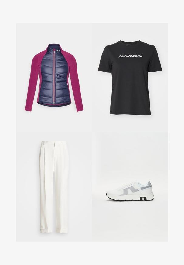 Izolirana jakna s mornarskoplave podstavljenim prednjim dijelom i magenta flis rukavima, s patentnim zatvaračem i stojećim ovratnikom.; Crna pamučna majica s bijelim logom "J.Lindberg" na prsima. Kratke rukave, okrugli izrez i standardni kroj.; Bijele krojene hlače s dva prednja nabora, ravnog kroja i preklopljenim rubovima. Napravljene od glatkog materijala, s klasičnim dizajnom.; Bijela atletska tenisica s sivim naglaskom, teksturiranom gornjom površinom, debelim potplatom i kontrastnim crnim detaljem na peti. Dizajn s vezicama i mrežastim panelima.