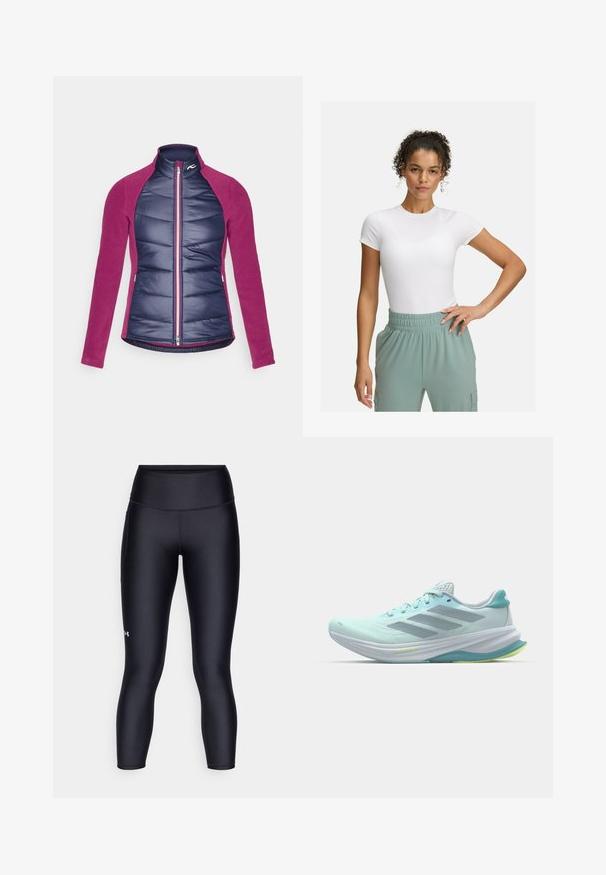 Izolowana kurtka z granatowym pikowanym przodem i magentowymi rękawami z polaru, z zamkiem błyskawicznym i stójką.; Biała dopasowana koszulka z krótkimi rękawami, w połączeniu z jasnzielonymi spodniami na elastycznym pasie. Gładka tekstura, minimalistyczny design i brak widocznych wzorów.; Czarne legginsy wykonane z gładkiego, elastycznego materiału. Wysoki stan, dopasowany krój oraz małe logo na lewej nodze.; Jasnoniebieskie buty sportowe z siateczkową cholewką, szarymi akcentami i amortyzowaną białą podeszwą z zielonym podkładem.