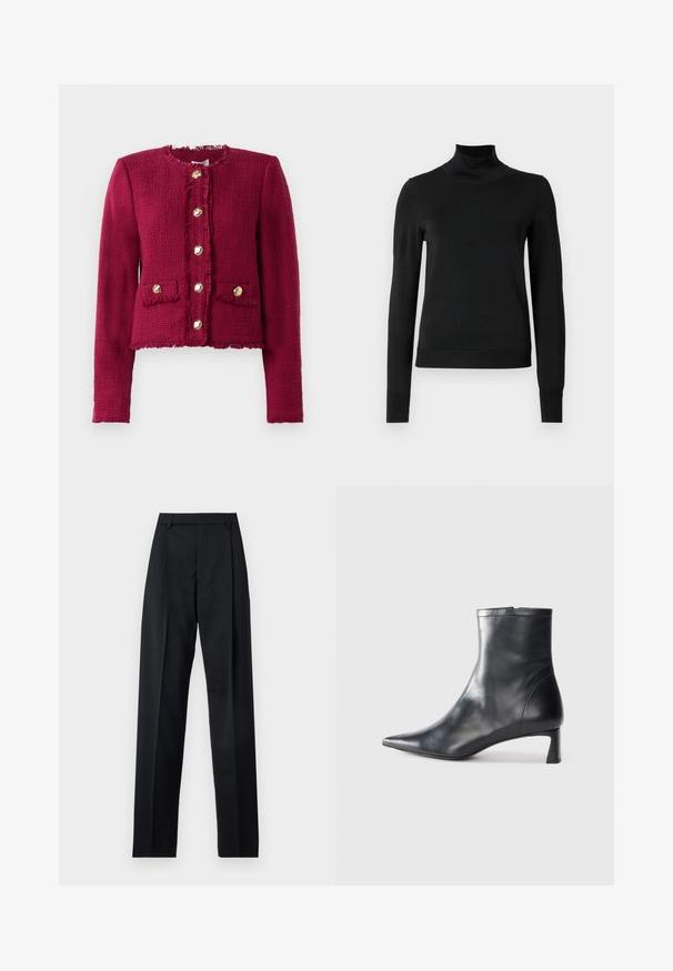 Casaco texturizado vermelho escuro com mangas longas, gola redonda, seis botões dourados na frente e dois bolsos de aba com botões.; Sweater preto de manga longa com gola alta, com punhos e bainha canelados, exposto em um fundo branco liso.; Calças pretas feitas de um tecido suave, com uma cintura alta, pernas largas, pregas frontais e passadores de cinto clássicos. Não há bolsos laterais visíveis.; Bota de tornozelo em pele preta com biqueira apontada e um design elegante. Apresenta um salto baixo e um fecho com zipper na parte de trás. Textura suave.