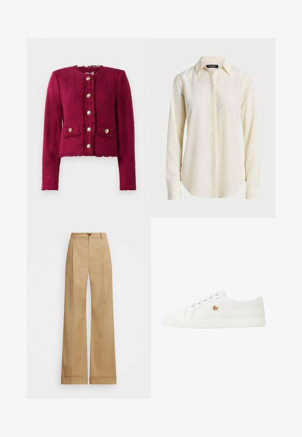 Temno rdeča teksturirana jakna z dolgimi rokavi, okroglo izrezano ovratnikom, šestimi zlatimi gumbi na sprednji strani in dvema žepoma z zavihkom ter gumbi.; Svetlo smetanasta srajca z dolgimi rokavi, s koničastim ovratnikom, gumbom naprej in gladko teksturo; ima okroglo spodnje robove in prilega se postavi.; Bež široke hlače s gumbom, ki imajo gladko teksturo in zamejene gube. Ob robovih so skrajšane za dodaten detajl.; Lauren Ralph Lauren JANSON II CANVAS SNEAKER - Športni copati - optic white