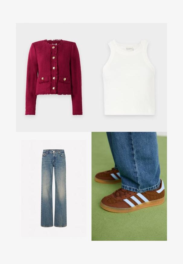 Ciemnoczerwona teksturowana kurtka z długimi rękawami, okrągłym dekoltem, sześcioma złotymi guzikami z przodu oraz dwiema kieszeniami z klapkami z guzikami.; Biały, prążkowany top na ramiączkach o szerokich paskach i dopasowanym kroju. Posiada małe wytłoczone logo blisko dołu.; Jasnoniebieskie dżinsowe spodnie wide-leg z wyblakłą teksturą, pięcioma kieszeniami, guzikowym zamkiem oraz kontrastowym przyszyciem wzdłuż szwów.; Brązowe sneakersy Adidas z białymi paskami i gumową podeszwą, noszone z niebieskimi dżinsami na zielonym dywanie.