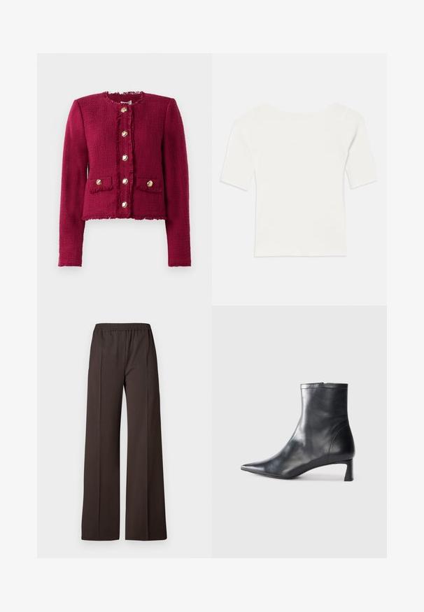 Jachetă texturată de culoare roșie închisă, cu mâneci lungi, decolteu rotund, șase nasturi aurii pe față și două buzunare cu clapetă, prevăzute cu nasturi.; Top scurt cu mânecă scurtă, alb, cu decolteu larg. Textura are dungi verticale, evidențiind o potrivire strânsă și un design simplu.; Pantaloni largi dintr-o țesătură maro închis cu un tiv elastic, având o textură netedă și linii curate pentru un aspect elegant.; Cizmă de gleznă din piele neagră cu vârf ascuțit și un design elegant. Dispune de un toc mic și de o închidere cu fermoar la spate. Textură netedă.