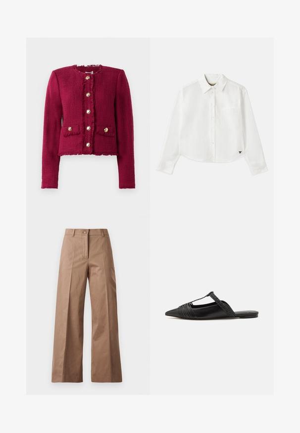 Dark red textured jacket with long sleeves, round neckline, six gold buttons down the front, and two flap pockets with buttons.; White cropped long-sleeve shirt made of cotton. Features a button-up front, a chest pocket, and a small black logo on the bottom left.; Brown wide-leg trousers made from a smooth fabric, featuring a front button closure, two front pockets, and clean, tailored lines.; Black leather slingback shoe with a pointed toe, featuring a woven accent and pleated upper design. Flat sole with minimal hardware.