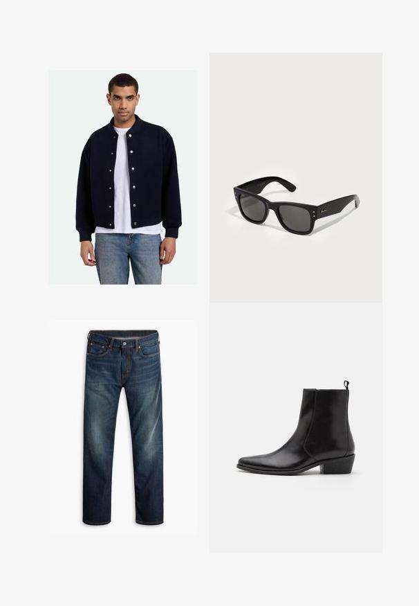 Giacca varsity blu navy con bottoni a pressione, polsini e orlo a coste, indossata sopra una maglietta bianca, abbinata a jeans blu. Texture morbida.; AllSaints BRACE CREW - T-shirt basic - CARTER GREY; Jeans in denim blu scuro con lieve sbiadimento sulle cosce, design a cinque tasche, chiusura con bottone e cuciture arancioni visibili su sfondo bianco.; Zign LEATHER - Stivaletti texani / biker - black; Occhiali da sole neri con montatura quadrata, dotati di lenti scure. Decorati con piccoli punti dorati e un logo dorato sulla stanghetta. Texture liscia.