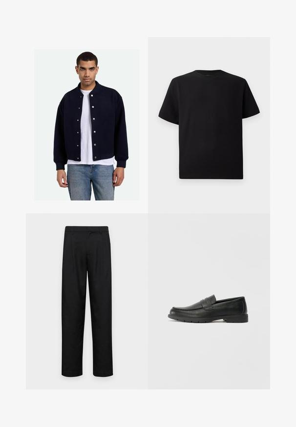 Tumši zils universitātes jaka ar spiedpogu aizdari, ribotām aprocēm un apakšmalu, valkāta virs balta T-krekla, kombinēta ar ziliem džinsiem. Mīksta tekstūra.; Melnās īsām piedurknēm T-krekls no teksturēta auduma, ar apaļu kakla izgriezumu un brīvu piegriezumu. Vienkāršs, bez rakstiem vai akcentiem.; Melnas bikses, izgatavotas no gludas auduma, ar taisnu kāju dizainu, divām priekšējām krokām un standarta jostu, kurai ir āķi.; Melnas ādas loafers ar gludu apdari, mokasīnu stila augšdaļu, šūtu detalizāciju un gumijas zoli. Klasisks dizains ar zemu papēdi.