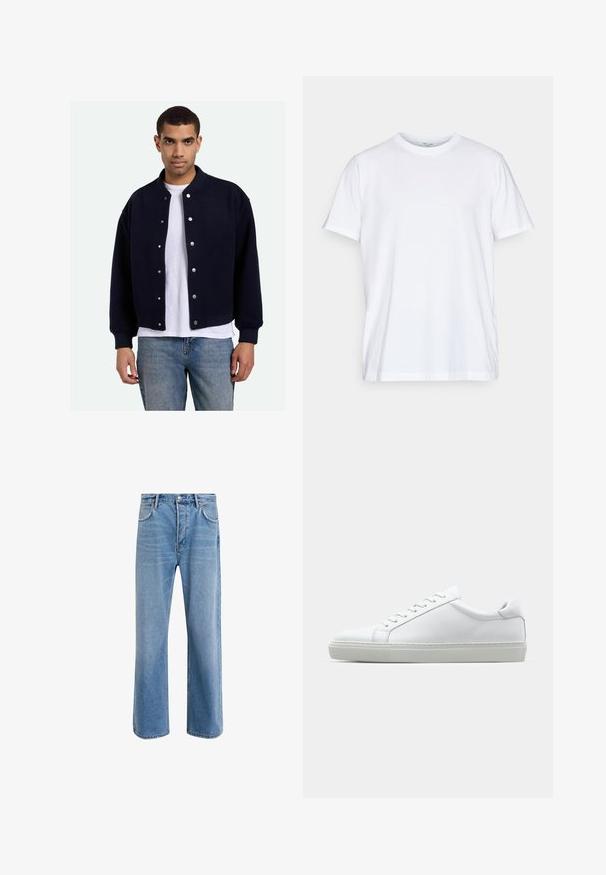 Tumma sininen ylioppilasjacketti, jossa on painonapit, ribattu hihansuut ja helma, valkoisen t-paidan päällä, yhdistetty sinisiin farkkuihin. Pehmeä rakenne.; Valkoinen puuvillainen t-paita, jossa on lyhyet hihat, pyöreä pääntie ja rento leikkaus. Ominaisuudet minimalistinen muotoilu, ei kuvioita tai korostuksia.; Vaaleansiniset farkut suoranlahkeisella muotoilulla, viisi taskua, nappisuljenta, vähäinen kuluminen ja kontrastiväriset ompeluyksityiskohdat.; Valkoinen tennari, jossa on sileä nahkapäällinen ja matala profiili. Ominaisuuksiin kuuluu pyöreä kärki, kuusi rei'itystä ja teksturoitu kumipohja.