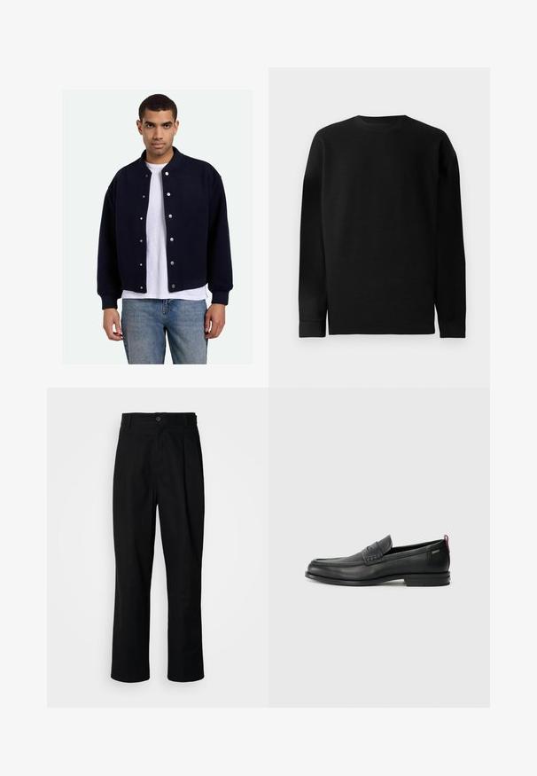 Giacca varsity blu navy con bottoni a pressione, polsini e orlo a coste, indossata sopra una maglietta bianca, abbinata a jeans blu. Texture morbida.; Maglione nero a maniche lunghe realizzato in materiale a coste. Presenta un collo rotondo e un orlo dritto con polsini aderenti. Design semplice e di colore uniforme.; Pantaloni neri a gamba dritta con vita con bottoni, passanti per cintura e piega frontale, esposti su uno sfondo bianco semplice.; Mocassini in pelle nera con un pannello anteriore testurizzato e lati lisci. Presentano un tacco sottile e un anello sul retro per una vestibilità facile. Design classico.