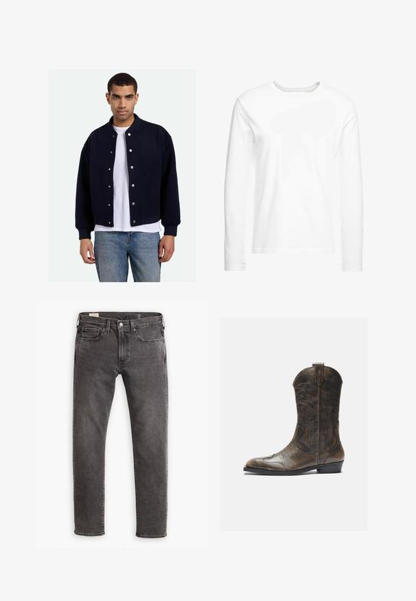 Sötétkék sportdzseki patentgombokkal, bordás mandzsettával és aljjal, fehér póló felett viselve, kék farmernadrággal párosítva. Puha textúra.; Hosszúujjú, puha pamutból készült fehér póló. Kerek nyakú, egyenes szegésekkel, látható minták vagy grafikák nélkül.; Szürke farmernadrág egyenes szabással, öt zsebbel és gombos zárással. Finom fakulás és tónusos varrás jellemzi.; Barna bőr cowboy csizma magas szárral, hegyes orral, bonyolult varrási mintákkal és kis sarokkal. Az egész felületén texturált befejezés.