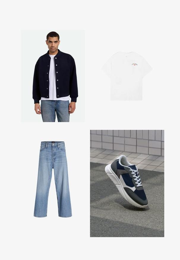 Navyblauwe varsityjack met drukknoopsluiting, geribbelde manchetten en onderrand, gedragen over een wit t-shirt, gecombineerd met blauwe jeans. Zachte textuur.; Witte katoenen t-shirt met korte mouwen, ronde halslijn en een kleine grafische opdruk met de tekst "LA VILLE LUMIÈRE" in zwart en rood op de bovenrug.; Lichtblauwe denim wijdvallende jeans met een hoge taille, voorzien van een knoopsluiting, vijf pockets en subtiele vervaging. Schoon afgewerkte zoom.; Sneaker met een marineblauwe mesh bovenwerk, grijze suède accenten, witte rubberen zool en platte witte veters, ontworpen voor comfort en ademend vermogen.
