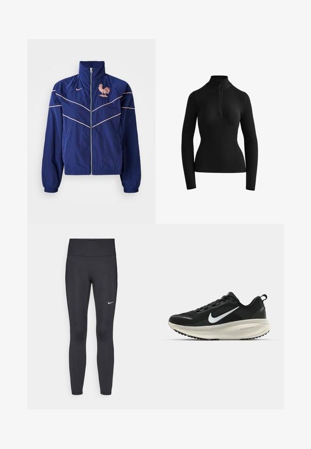 Navy windbreaker jacket with zip front, high collar, elastic cuffs, light pink accents, and a rooster logo on the left chest.; Black long-sleeve top with a high collar and a zippered neck. Made of a smooth, stretchy material, featuring a fitted silhouette.; Black leggings made of stretchy fabric, featuring a high waistband and a white Nike logo on the left thigh. Smooth texture, form-fitting design.; Black Nike running shoe with breathable mesh upper, white swoosh logo, textured detailing, and a cream-colored ZoomX midsole.