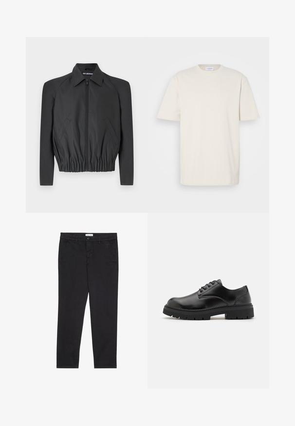 Črna skrajšana jakna iz gladkega blaga, z zadrgo spredaj, koničastim ovratnikom in elastičnim pasom, ter stranskimi žepi in dolgimi rokavi.; Polo majica s kratkimi rokavi v off-white barvi, izdelana iz bombaža. Klasičen kroj s krožnim ovratnikom in ravnim rezom ter minimalnimi šivi.; Črne bombažne hlače s slim fit krojem, z dvema stranskima žepoma in sprednjim gumbom za zapiranje. Teksturirano blago z nežnimi detajli.; Črne usnjene čevlje s podolgovatim prstom, z vezalnim dizajnom in debelim, teksturiranim gumijastim podplatom. Imajo šivanje ob robu in gladko površino.