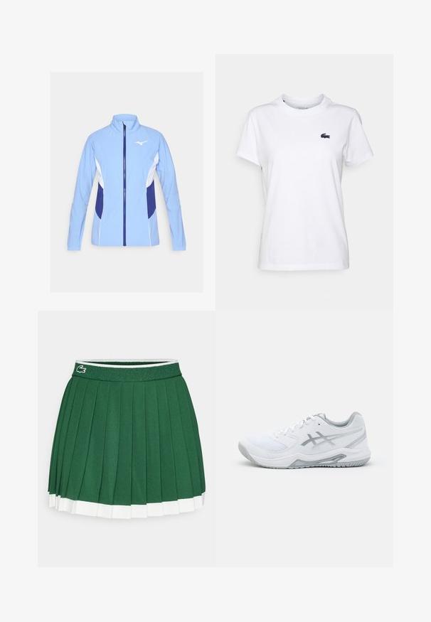Heledsinine spordijope valgete ja tumesiniste aktsentidega. Omab täispikkust lukku, püsti kraed ja pikkadele varrukatele; sile ja kerge kangas.; Valge puuvillane T-särk ümmarguse kaelusega, lühikeste varrukatega ja väike tumesinine logo vasakul rinnal. Sile tekstuur, lõbus disain.; Roheline volditud seelik tekstureeritud vöökohtiga. Omab valgeid detaile servas ja väikest brändi logo vöökohal.; Valge spordijalats, mis on valmistatud võrkpinna ja sünteetiliste materjalide kombinatsioonist, hallide aktsentide ja paeltega, tekstureeritud tallaga, kaarjate joontega ning logode detailiga.