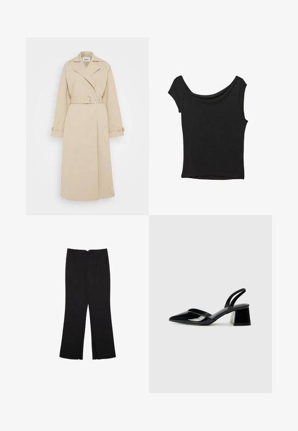 Bež plašč z pasom, širokimi reverji in dolgimi rokavi. Ima gumbaste manšete in stranske žepe; gladka, lahka tkanina.; Črna kratka majica s kratkimi rokavi iz gladkega blaga; ima drapiran izrez in asimetrično spodnjo rob, s prilegnjenim telesom.; Črne hlače ravnega kroja z naglavnimi žepi in stranskimi razporki na robu. Narejene iz mehke, gladke tkanine. Primerne za različne priložnosti.; Črne lakirane slingback pete s koničastim nosom in geometrijsko blokasto peto. Imajo eleganten, minimalističen dizajn in gladko teksturo.
