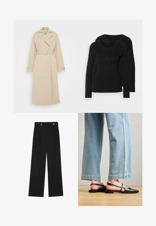 Beige trench coat with a belted waist, wide lapels, and long sleeves. Features buttoned cuffs and side pockets; smooth, lightweight fabric.; Two black long-sleeve shirts with a V-neck design, made of soft, stretchy fabric, showing smooth texture and a fitted shape.; Black wide-leg trousers with high waist, button details on waistband, and front pleats.; Black leather slingback shoes with a pointed toe, flat heel, and ankle strap; worn with light blue wide-leg jeans.