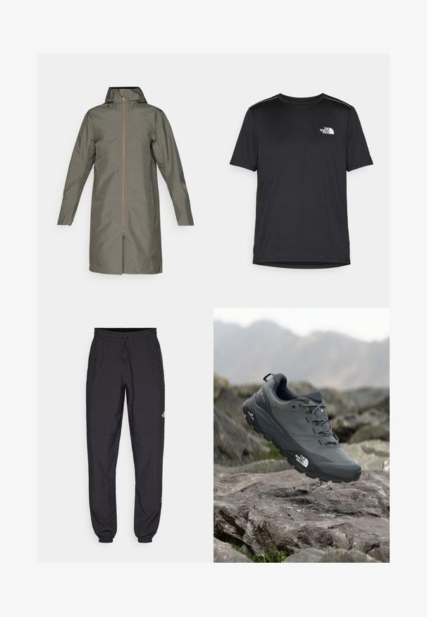 Imperméable vert olive avec capuche, fermeture éclair frontale sur toute la longueur et manches longues. Texture lisse, longueur mi-cuisse, design minimaliste.; T-shirt noir à manches courtes en tissu léger. Présente un petit logo blanc sur la poitrine gauche et des accents subtils aux épaules.; Pantalon de sport noir en tissu léger, avec une taille à cordon, des poches latérales et des chevilles resserrées.; Chaussure de trail running grise avec un dessus texturé, semelle en caoutchouc durable et chaussure renforcée à l'avant. Comprend des lacets et un logo de la marque sur le côté.