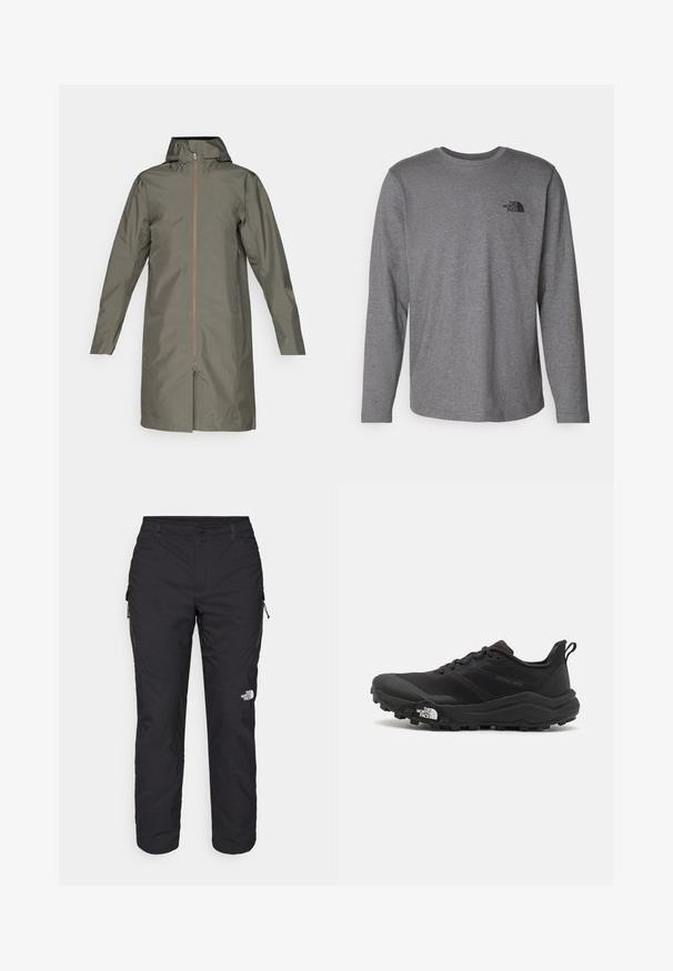 Olivenfarbener wasserdichter Regenmantel mit Kapuze, durchgehendem Reißverschluss und langen Ärmeln. Glatte Textur, mittellange Länge bis zur Oberschenkelmitte, minimalistisches Design.; The North Face M L/S SIMPLE DOME TEE - Langarmshirt - medium grey heather; The North Face WINTER EXPLORATION TAPERED CARGO - Outdoor-Hose - black; Schwarzer Trailrunning-Schuh mit strukturiertem Obermaterial, Gummisohle und verstärkter Zehenkappe. Verfügt über einen gepolsterten Kragen und eine Ziehlasche für einfaches Anziehen.
