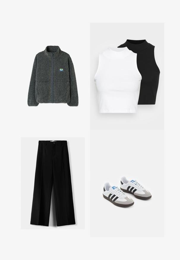 Siva flis jakna s visokim ovratnikom i zatvaranjem na patentni zatvarač. Ima teksturiranu, pahuljastu površinu i mali šareni logo na prsima.; Dvije bezrukavne rebraste majice s visokim ovratnikom u crnoj i bijeloj boji, s prilagođenim dizajnom i glatkom teksturom, te skraćenom dužinom.; Crne široke hlače izrađene od lagane tkanine, s prednjim zatvaranjem na dugme i ravnim prednjim dijelom, sa uredno šivenim rubovima.; Sportske cipele s gornjištem od bijele kože, sivi suedinasti nos i tri crne pruge. Imaju plavi logo na jeziku i teksturiranu gumenu podlogu.