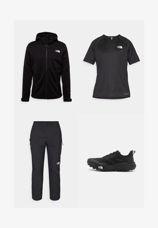 The North Face M DIABLO SOFTSHELL DETACHABLE HOOD - Softshelljacka - black; Svart kortärmad träningsskjorta i strukturerad tyg, med en vit logotyp på vänster bröst och rak fåll.; The North Face WINTER EXPLORATION TAPERED CARGO - Friluftsbyxor - black; Svart terränglöparsko med en strukturerad ovandel, gummisula och förstärkt tåhätta. Har en vadderad krage och en dragflik för enkel påtagning.