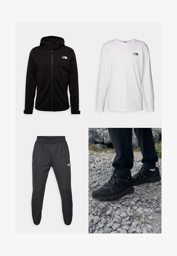 The North Face M DIABLO SOFTSHELL DETACHABLE HOOD - Softshelljacke - black; Weißes langärmliges T-Shirt aus Baumwolle mit Rundhalsausschnitt. Verfügt über ein kleines schwarzes Logo auf der Brust. Glatte Textur, reguläre Passform.; Schwarze Jogginghose mit verstellbarem Bund, schlanker Passform, elastischen Bündchen und einem kleinen weißen Logo am linken Oberschenkel, hergestellt aus glattem Stoff.; Schwarze Outdoor-Schuhe aus Mesh und synthetischem Material, mit einer strukturierten Oberseite, gesichertem Schnürsystem und griffiger Laufsohle, auf felsigem Gelände.