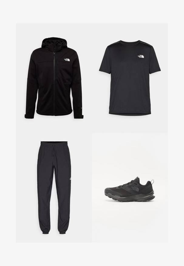 The North Face M DIABLO SOFTSHELL DETACHABLE HOOD - Softshelljacka - black; Svart kortärmad T-shirt i lättviktig tyg. Har en liten vit logotyp på vänster bröst och subtila axeltoner.; Svarta träningsbyxor tillverkade av lättviktsmaterial, med dragsko i midjan, sidofickor och avsmalnande muddar vid anklarna.; Svart idrottssko med mesh-överdel, gummiyttersula och vadderad krage. Utrustad med snören, logotyp på sidan och en strukturerad design.