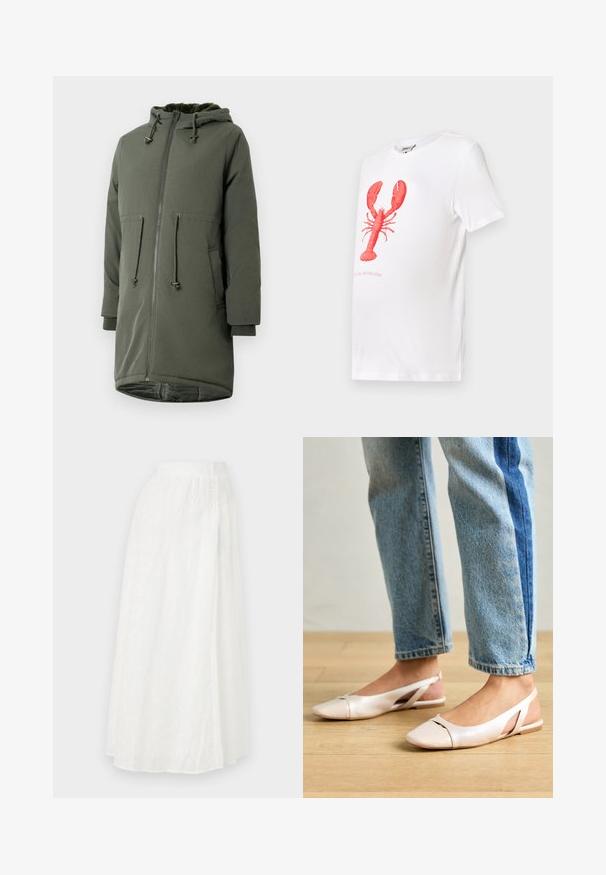 Alyvuogių žalios spalvos parka striukė su užtrauktuku, gaubtu ir priekinių kišenių. Pagaminta iš lygaus, vandeniui atsparaus audinio, turinti minkštą pamušalą.; Balta medvilninė marškinėliai su raudonu omaro grafiku centre. Po grafiku užrašyta: "Tiesiog vadink mane kiautu." Trumpi rankovės.; Balta maksi sijonas su elastinga juostele, turintis tekstūrinį gėlių raštą ir nėrinių tipo išpjovas per visą audinį.; Šviesiai rožiniai slingback baleto bateliai su smailiu pirštu, pagaminti iš lygios odai panašios medžiagos. Yra išpjovimų detalės šonuose ir plokščias kulnas.