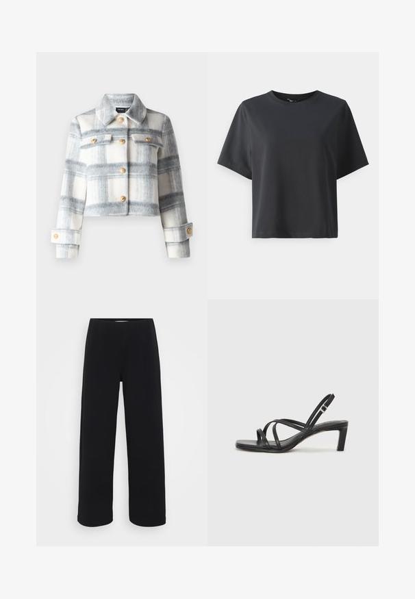 Cropped plaid jacket in gray and white wool, featuring gold buttons, a collar, and two chest pockets with flap and button closure.; Black cotton t-shirt, short sleeves, crew neck, relaxed fit, smooth texture, simple design, no patterns or accents.; Black wide-leg pants with an elastic waistband. Made from a textured material, featuring a loose fit and straight cut from hips to hem.; Black strappy sandal with a square toe and a low block heel. Features multiple thin straps and an adjustable ankle strap. Made of smooth leather.