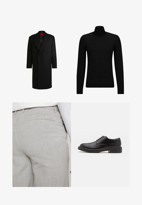 HUGO Klassisk frakke - black one; Sort turtleneck sweater lavet af blødt materiale, med lange ærmer og en tætsiddende pasform. Ribbet trim ved kanten og manchetter. Simpelt design.; Lysegrå skræddersyede bukser lavet af tekstureret stof, med en enkelt baglomme og ren syning.; Sorte læder snørestøvle med rund tå, glat tekstur, minimal syning og lav gummihæl. Logo på hælen.