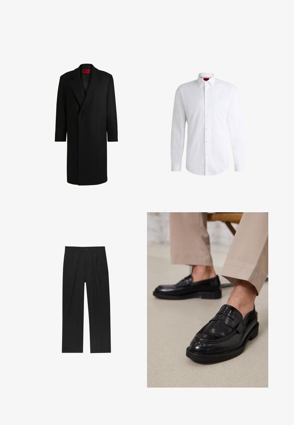 HUGO Cappotto classico - black one; Camicia bianca con bottoni, realizzata in tessuto morbido, con colletto classico, maniche lunghe e orlo curvo. Presenta bottoni beige sul davanti.; Pantaloni neri con un design a gamba dritta, realizzati in un tessuto liscio. Presentano pieghe frontali e una chiusura a un bottone in vita.; Mocassini in pelle nera con finitura liscia, dotati di una cintura decorativa e cuciture a contrasto, abbinati a pantaloni beige.