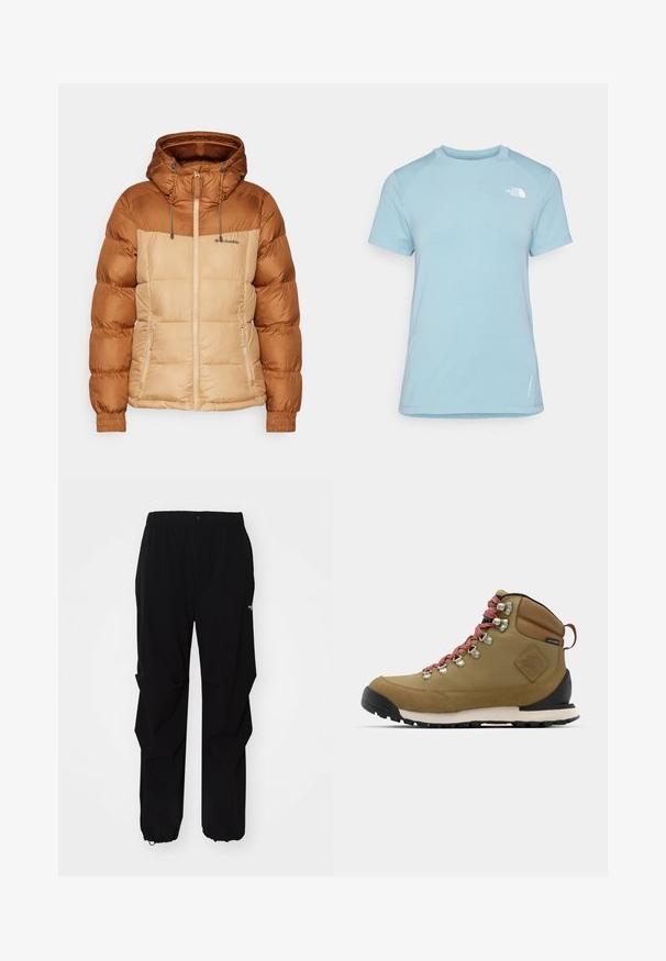 Chaqueta tipo puff con una sección superior marrón y una inferior beige, que cuenta con capucha, cierre de cremallera frontal y puños elásticos. El material parece suave con detalles de costura.; Camiseta de manga corta azul claro con cuello redondo. Presenta una tela suave, mangas raglán y un logo blanco en la parte superior izquierda del pecho.; Pantalones exteriores negros fabricados con material duradero, con un corte holgado, cintura elástica y puños ajustados para longitud regulable.; Bota de senderismo marrón con cordones rojos, ojales de metal, acabados de cuero y suela de goma. Presenta una puntera redondeada y un cuello acolchado.