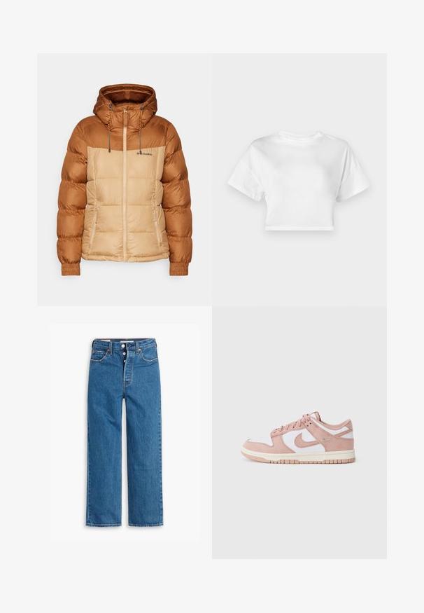 Puffer jacket with a brown top section and beige bottom, featuring a hood, zip front, and elastic cuffs. Material appears smooth with stitch detailing.; White cropped t-shirt made of cotton. Short sleeves, round neckline, smooth texture, casual design without patterns or embellishments.; Blue denim straight-leg jeans with a high waist, five-pocket design, and button fly. Noticeable stitching and copper-tone rivets.; Sneaker features a soft pink suede upper, white leather panels, and a textured rubber sole. Notable swoosh logo on sides, laced design.