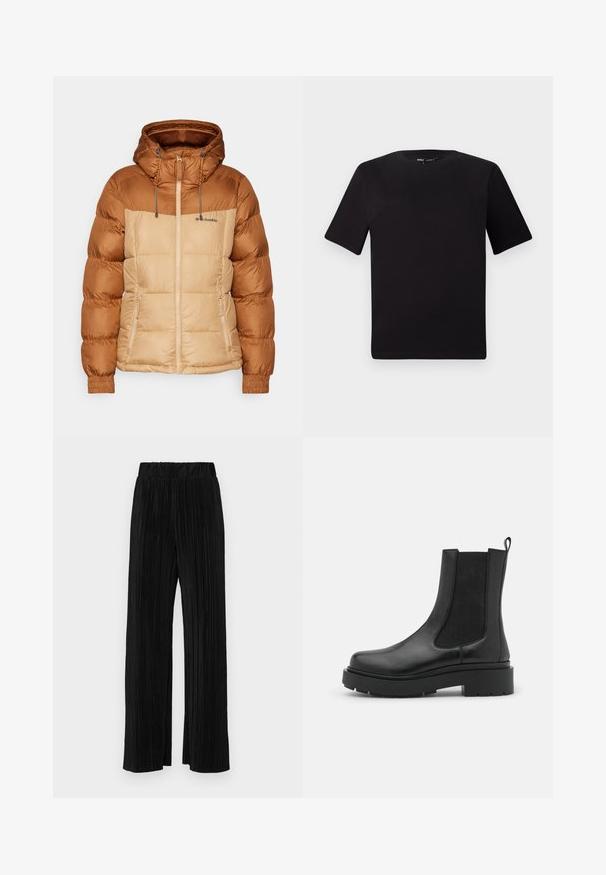 Puffermantel mit einem braunen oberen Bereich und einem beigen unteren Teil, ausgestattet mit Kapuze, Reißverschluss vorne und elastischen Bündchen. Das Material scheint glatt zu sein und hat Steppdetails.; Schwarzes T-Shirt mit kurzen Ärmeln und Rundhalsausschnitt, aus weichem Baumwollmaterial gefertigt. Schlichtes Design, keine sichtbaren Logos oder Muster.; Schwarze plissierte Hose mit elastischem Bund. Verfügt über weite Hosenbeine und einen glatten, strukturierten Stoff mit vertikalen Streifen.; Schwarze Lederknöchelstiefel mit elastischen Seiteneinsätzen, dickem Gummisohle und Zuglasche. Glatte Textur mit schlankem Design.