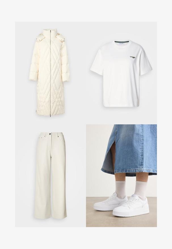 Prošívaný dlouhý péřový kabát v krémové barvě, s vysokým límcem, zipovým zapínáním a oversized kapucí se cvoky. Hladká textura.; Bílá bavlněná tričko s volným střihem, ozdobené zeleným vyšitým logem na levé hrudi a kulatým výstřihem. Hladká textura.; Krémpové kalhoty s širokými nohavicemi vyrobené z hladkého materiálu. Mají střední pas, zipový klíč a dvě přední kapsy s černými kovovými doplňky.; Bílé tenisky s texturovanou kůží, s platformovou podrážkou, kulatou špičkou a šněrováním; doplněné o světle šedé ponožky a džínovou sukni.