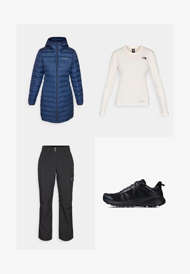 Columbia LAKE 22™ LONG HOODED JACKET - Páperový kabát - collegiate navy; The North Face SHADOW LONG SLEEVE - Top s dlhým rukávom - white dune; Čierne vonkajšie nohavice so strihom do rovna, s gombíkovým zapínaním, zipsovými bočnými vreckami a logo nášivkou na ľavom stehne.; Čierna trailová bežecká obuv s vrchnou časťou z sieťoviny a gumovou podrážkou. Obsahuje textúrované prekrývania, vystuženú špičku a logo značky na päte.