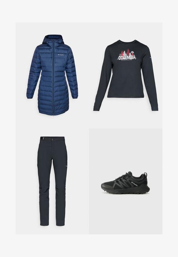 Columbia LAKE 22™ LONG HOODED JACKET - Sulemantel - collegiate navy; Pikend varrukatega tumehall särk, millel on punaste puude ja mägede graafika; "COLUMBIA" logo julge valge tekstiga. Pehme kangas, tavaline ümmargune kaelus.; Meeste välkpüksid, tumehallid, valmistatud paindlikest materjalidest, vöökohaga, tõmblukuga taskud ja tugevdatud õmblused.; Columbia PEAKFREAK - Matkajalatsid - black