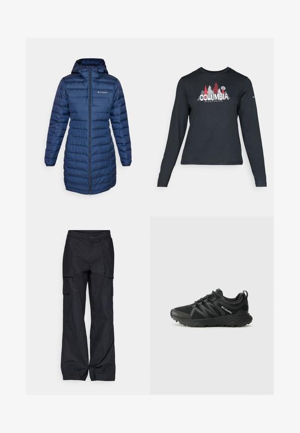 Columbia LAKE 22™ LONG HOODED JACKET - Kaput ispunjen paperjem - collegiate navy; Majica dugih rukava tamnosive boje s grafikom crvenih drveća i planina; logo "COLUMBIA" u podebljanom bijelom tekstu. Mekana tkanina, standardni okrugli izrez.; Columbia BREA FALLS™ COTTON RIPSTOP PANT - Hlače za otvoreno - black; Columbia PEAKFREAK - Obuća za pješačenje - black
