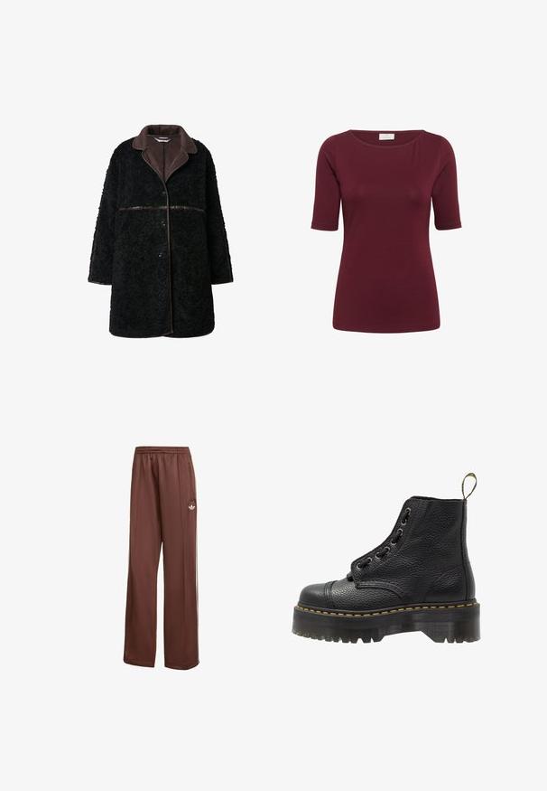 Sort plysjakke med en brun ruskindskrave, knaplukning og struktureret yderstof. ærmer og kant er lidt oversized.; Kaffe YOKO BOATNECK - T-shirts basic - zinfandel; Brune sportsbukser med en afslappet pasform. Lavet af glat stof, med sidelommer, hvide striber og et lille hvidt logo på låret.; Sorte læder ankelstøvler med tekstureret overflade, rund tå, snørebåndsdesign, gule stikninger og en tyk, rillet sort platformsål.