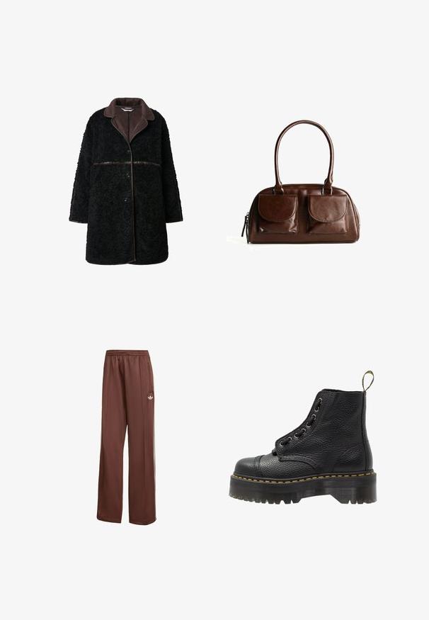Sort plysjakke med en brun ruskindskrave, knaplukning og struktureret yderstof. ærmer og kant er lidt oversized.; Kaffe YOKO BOATNECK - T-shirts basic - zinfandel; Brune sportsbukser med en afslappet pasform. Lavet af glat stof, med sidelommer, hvide striber og et lille hvidt logo på låret.; Sorte læder ankelstøvler med tekstureret overflade, rund tå, snørebåndsdesign, gule stikninger og en tyk, rillet sort platformsål.; Brun læderhåndtaske med to frontklaplommer, runde håndtag og en lynlås på siden mod en hvid baggrund.