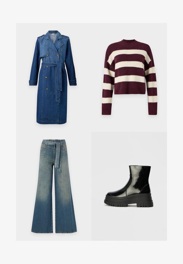 Mörkblå denim trenchcoat med dubbla knäppningar, bältad midja, axelspännen och långa ärmar.; Vero Moda VMINEZ PULLOVER BOO - Stickad tröja - winetasting/birch; Breda denimbyxor med en ljus till mörkblå gradient, hög midja, bälteshällor och ett matchande tygbälte. Texturerad denimfinish.; Svart glansig ankelsko med tjock sål och rund tå, sedd från sidan på en enfärgad ljusgrå bakgrund.