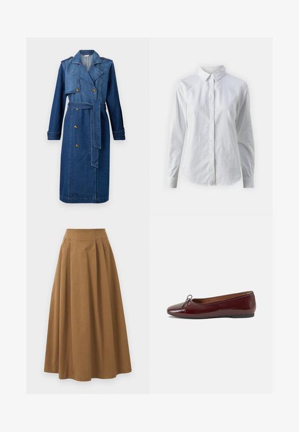 Jeansowy płaszcz w ciemnoniebieskim kolorze, z podwójnym zapięciem z przodu, paskiem w talii, pagonami na ramionach i długimi rękawami.; Biała koszula zapinana na guziki, wykonana z gładkiej bawełny, z klasycznym kołnierzykiem, długimi rękawami i zaokrąglonym dołem. Guziki są małe i białe.; Brąskowa bawełniana spódnica w kształcie litery A z wysokim stanem, z plisami z przodu i gładką fakturą. Wykończenia dołu są czyste i proste.; Bordowe baleriny z lakierowanej skóry z zaokrąglonym noskiem, małą kokardką z przodu oraz niską, czarną gumową podeszwą. Gładka tekstura.