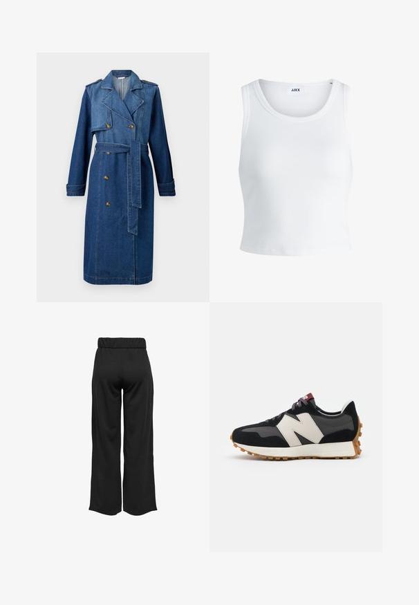 Denim trench coat tummansininen, jossa on kaksirivinen etuosa, vyötärölle solmittava vyö, hartioilla epauletit ja pitkät hihat.; Valkoinen ribbattu hihaton toppi, jossa on pyöreä pääntie ja lyhyt malli. Tunnuslukuna lukee "JJXX". Sujuva kangas.; Mustat, leveälahkeiset housut, joissa on joustava vyötärö, valmistettu sileästä kankaasta. Ominaisuuksia ovat puhdas muotoilu ilman taskuja tai näkyviä ompelusaumoja.; Mustat ja harmaat mokkakenkä, jossa on suuri kermanvärinen "N"-logo, violetit nauhat ja teksturoitu kumipohja.