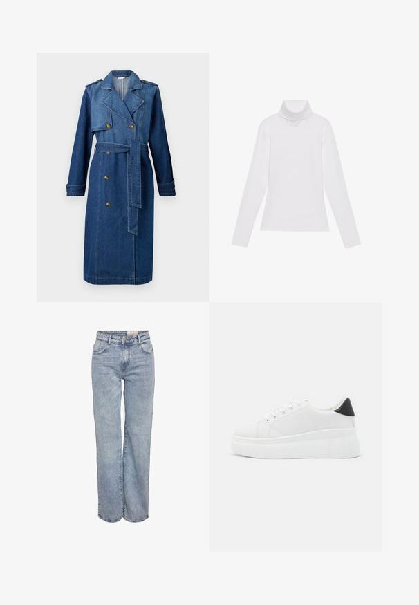 Casaco trench em denim azul escuro, com frente dupla, cintura cintada, epaulettes nos ombros e mangas longas.; Camisola de gola alta de mangas longas, feita de um tecido liso e elástico. Apresenta um colarinho alto e um design ajustado, sem padrões ou adornos visíveis.; Jeans de perna larga em azul-claro, feitos de denim, com cintura alta, design de cinco bolsos e um desvanecimento sutil para um aspeto usado.; Tênis plataforma brancos feitos de material sintético suave, apresentando ponta arredondada, design com cadarços e sola de borracha texturizada. Acento preto no calcanhar.