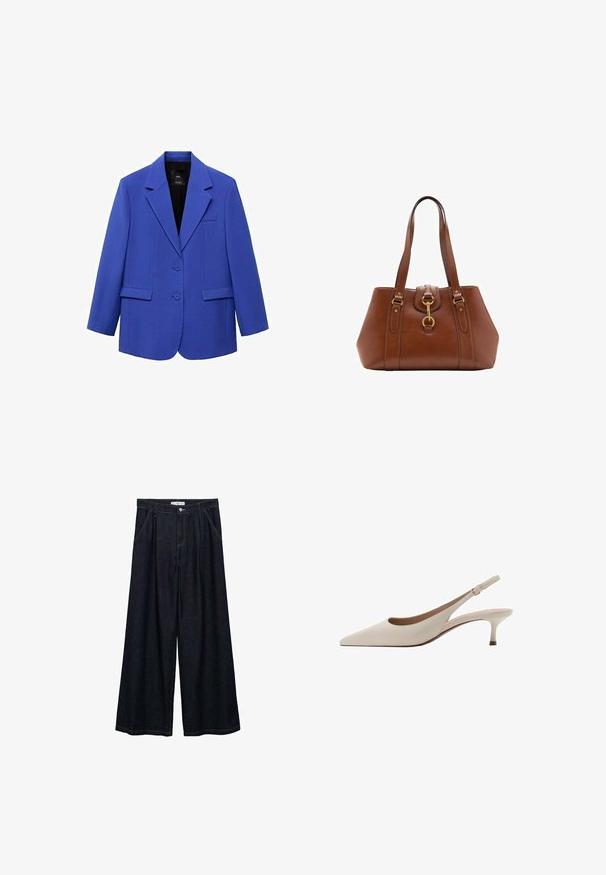 Modrá blejzer s štruktúrovaným strihom, jednozapasový dizajn, dve gombíky, klopové golieriky a bočné vrecká. Hladká textúra, minimálne detaily.; Červený skrátený kardigán s dlhými rukávmi, vyrobený z mäkkého textúrovaného materiálu. Obsahuje zapínanie na gombíky so zlatými akcentmi a dve predné vrecká.; Žltá bavlnená košeľa s špicatým golierom, predným zapínaním na gombíky, dlhými rukávmi a voľným strihom. Hladká textúra a jednoduchý dizajn.; Tmavé denim široké nohavice s vysokým pásom, vybavené predným zapínaním na gombík, dvoma bočnými vreckami a detailmi šitia.; Béžové lodičky na opätku s špicatou špičkou a nízkym rozšíreným opätkom. Vyrobené z hladkej kože s minimalistickým dizajnom a nastaviteľným popruhom.; Hnedá kožená taška s dvojitými popruhmi, zaobleným tvarom, zlatými kovovými doplnkami a centrálnym detailom s prackou. Hladký povrch s prešitými akcentami.