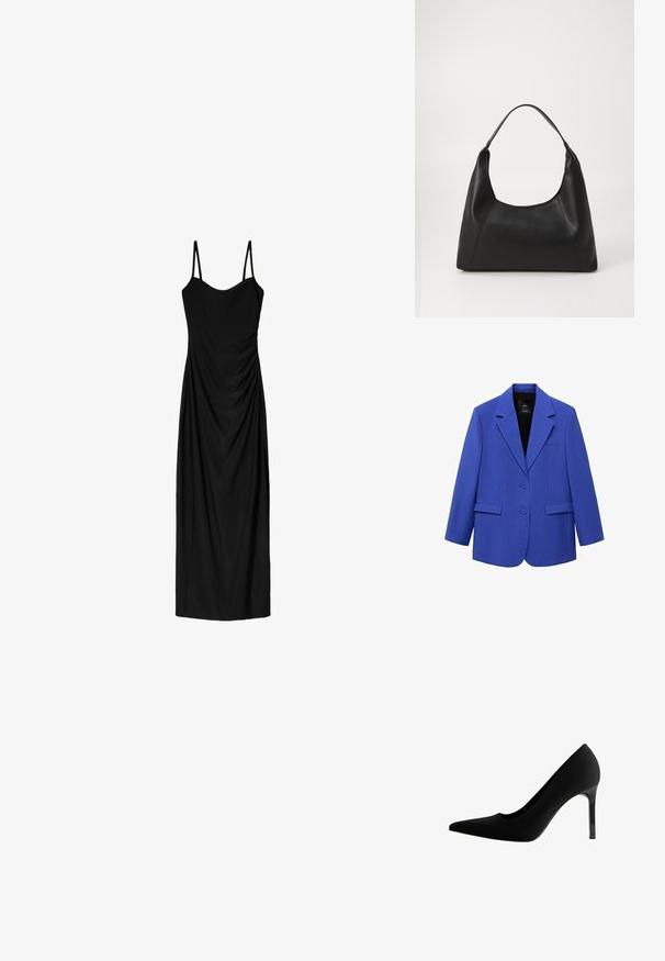 Niebieska marynarka o dopasowanym kroju, jednozapięciowa, z dwoma guzikami, klapami i bocznymi kieszeniami. Gładka tekstura, minimalne detale.; Czarna midi sukienka z cienkimi regulowanymi ramiączkami, z drapowaną formą i gładką teksturą. Brak widocznych wzorów lub ozdób.; Czarne czółenka na wysokim obcasie z wysmukłym czubkiem, gładkim matowym materiałem, smukłym obcasem typu stiletto oraz subtelnym wycięciem w okolicy łuku.; Czarna skórzana torebka na ramię z uchwytem, o gładkiej fakturze i minimalistycznym designie. Posiada kanciaste boki oraz szerokie wejście.