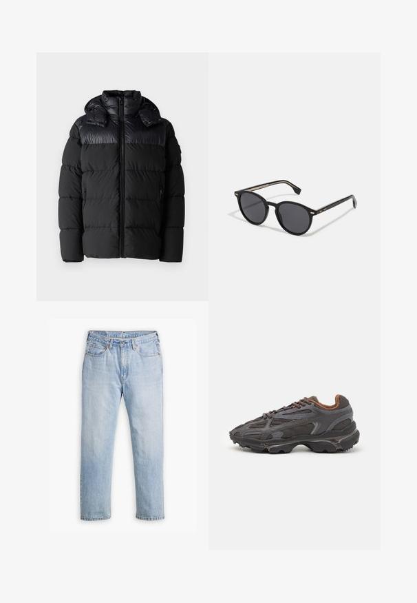 Čierna prešívaná bunda s predným zipsom, vysokým golierom a odnímateľnou kapucňou. Látka je hladká s prešívaným dizajnom a má dve bočné vrecká.; Čierny ľahký sveter s polozipovým golierom, rebrovanými manžetami a lemom, s malým zeleným logom na hrudi.; Svetlomodré džíny s rovnými nohavicami, štýl s piatimi vreckami a kontrastným šitím. Zapínanie na gombík a zips v páse.; Lacoste tenisky v tmavo sivej farbe z nylonu a syntetického materiálu, s textúrovanou podrážkou a hnedými akcentami na golieri a brandingu.; BOSS Slnečné okuliare - black