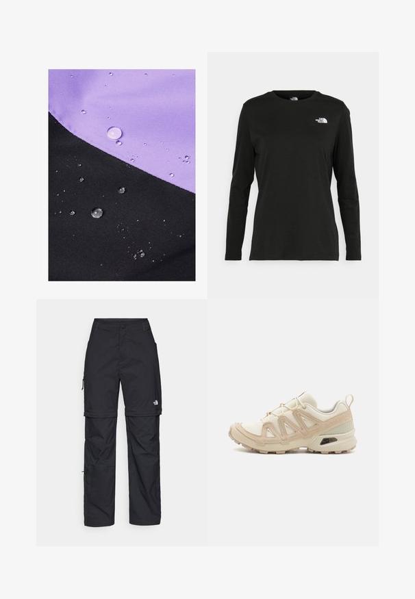 Vodoodbojna tkanina z diagonalnim razcepom v sivki in črni barvi, z vodnimi kapljicami na površini, ki izpostavljajo teksturo in barvo.; Črna majica z dolgimi rokavi iz bombaža z okroglo izrezom. Ima majhen bel logotip na levem prsnem delu. Enostaven dizajn in prileganje.; Črne najlon hlače z zipom, ki se lahko odstranijo, s prilagodljivimi manšetami, več žepi in logotipom na desni nogi. Gladka, lahka tekstura.; Bež in krem športni čevlji z teksturiranim mrežastim zgornjim delom, podpornimi prekrivali in gumijastim podplatom z vzorcem za oprijem.