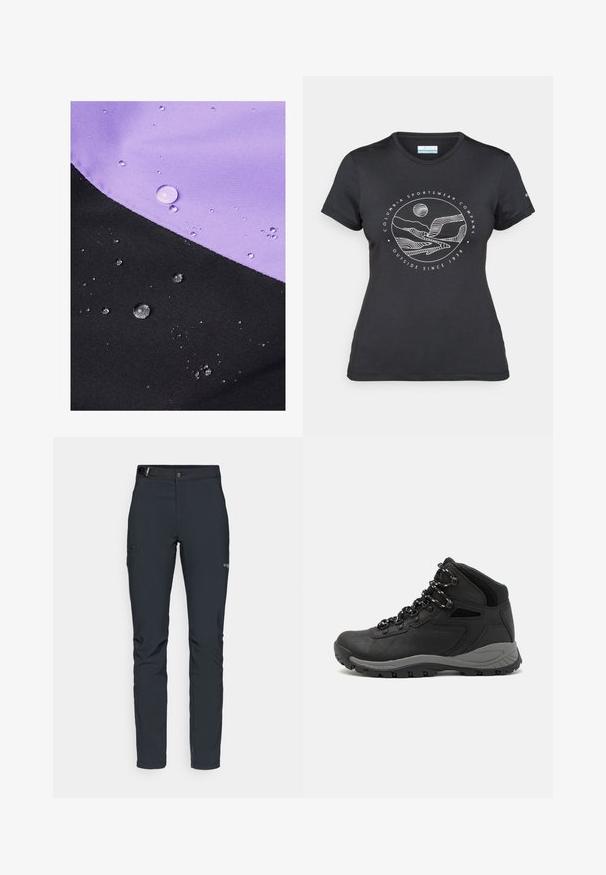 Vodoodbojna tkanina z diagonalnim razcepom v sivki in črni barvi, z vodnimi kapljicami na površini, ki izpostavljajo teksturo in barvo.; Črna majica Columbia z belim krožnim risanjem gora in reke ter napisom "Columbia Sportswear Company Outside Since 1938."; Moške zunanje hlače, temno siva, izdelane iz fleksibilnega materiala, z pasom, žepom na zadrgo in ojačanim šivanjem.; Črne pohodniške čevlje z srednje visokim dizajnom, ki imajo teksturirano zgornji del, sivi dodatki in vzdržljiv gumen podplat s protizdrsnimi izboklinami.