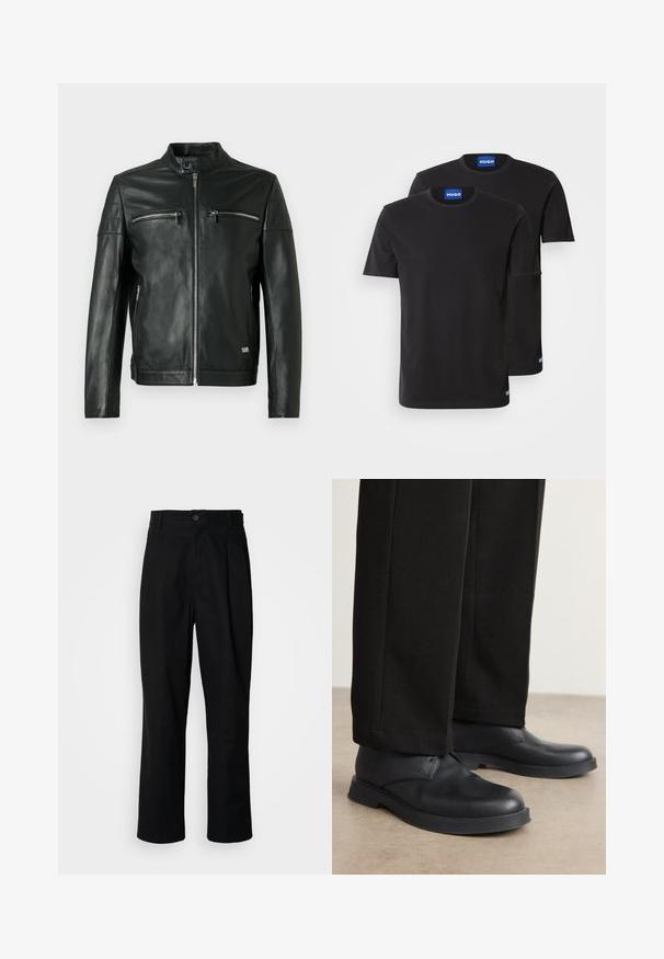 Fekete bőrdzseki álló gallérral, két cipzáras mellzsebbel és varrással díszített vállrésszel. Simább felületű, testhezálló szabású.; Két fekete pamut póló kerek nyakkivágással, rövid ujjakkal és kék "HUGO" felirattal a gallérokon és az oldalsó szegélyeken.; Fekete egyenes szabású nadrág gombos derékkal, övrutakkal és elülső gyűrődéssel, egy sima fehér háttér előtt.; Fekete bőrcipők lekerekített orral, lapos talppal és minimális díszítéssel. Testre szabott fekete nadrággal párosítva, amely sima textúrával rendelkezik.