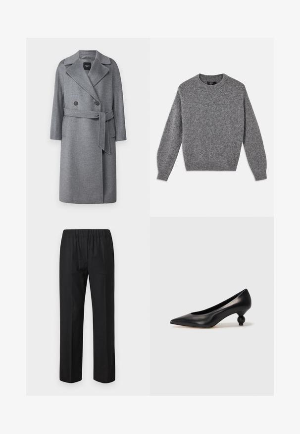 Weekend Max Mara RESINA - Mantel - grigio medio; Grijze wollen trui met een ronde hals, lange mouwen en geribbelde manchetten. De textuur is zacht en pluizig, met een uniform patroon.; Zwarte broek met een elastische tailleband, straight leg ontwerp en geen zichtbare zakken. Gladde stof met een matte afwerking.; Zwarte leren hoge hak schoen met een spitse neus en een ronde, bolle hak. Gladde textuur met een elegant, minimalistisch ontwerp.