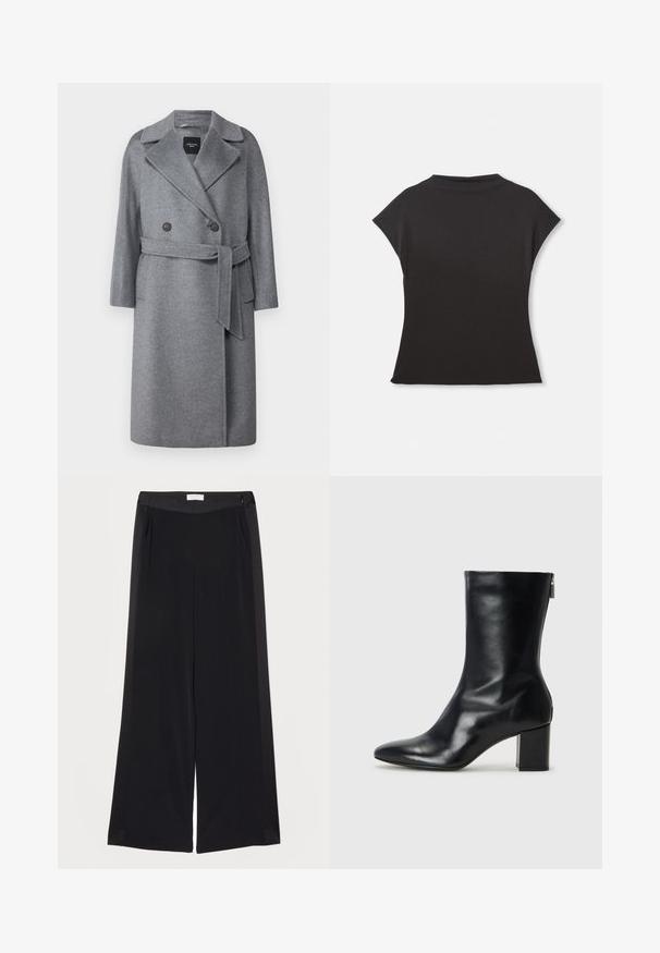 WEEKEND MaxMara RESINA - Klasisks mētelis - grigio medio; Melna īsām piedurknēm augsta kakla blūze ar brīvu piegriezumu. Izgatavota no mīksta auduma ar gludu tekstūru. Nav redzamu rakstu vai grafikas.; Plati melni bikses, izgatavotas no gluda auduma, ar plakanu jostu, krokām un sānu kabatām. Tīras līnijas ar minimālu detalizāciju.; Melna ādas potītes zābaks ar norādītu purngalu un 4 cm bloku papēdi. Gluds dizains ar sānu rāvējslēdzēju vieglai uzvilkšanai. Gluda tekstūra.